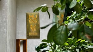 photo of the brass/metal Mugo Sign, tucked away behind some leaves.