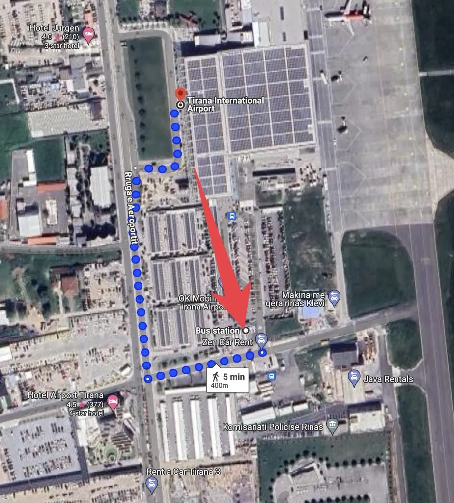 a map of How to walk from TIA to the bus area at the airport.