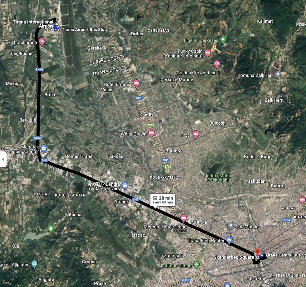 Tirana airport bus to Tirana city centre route.
